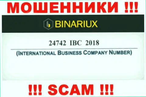 Binariux Net оказывается имеют номер регистрации - 24742 IBC 2018