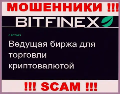 Основная деятельность Bitfinex - это Криптоторговля, будьте очень бдительны, действуют преступно
