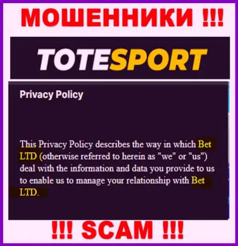 ToteSport Eu - юридическое лицо internet-обманщиков компания BET Ltd