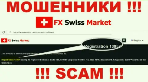 Как указано на официальном веб-сайте аферистов FX-SwissMarket Com: 13957 - это их регистрационный номер