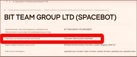 BitTeam (Space Bot Ltd) признаны были Центробанком РФ финансовой пирамидой