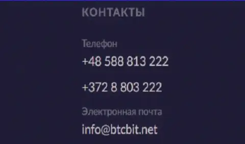 Номера телефонов и е-мейл онлайн обменки БТЦБит Нет